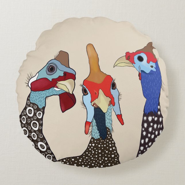 Three Cute Patterned Guinea Fowl Birds Round Pillow (Front)