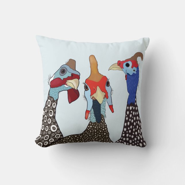 Three Cute Patterned Guinea Fowl Birds Throw Pillow (Front)