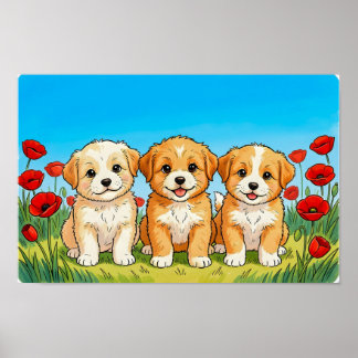Three Cute Puppies & Red Poppies Poster