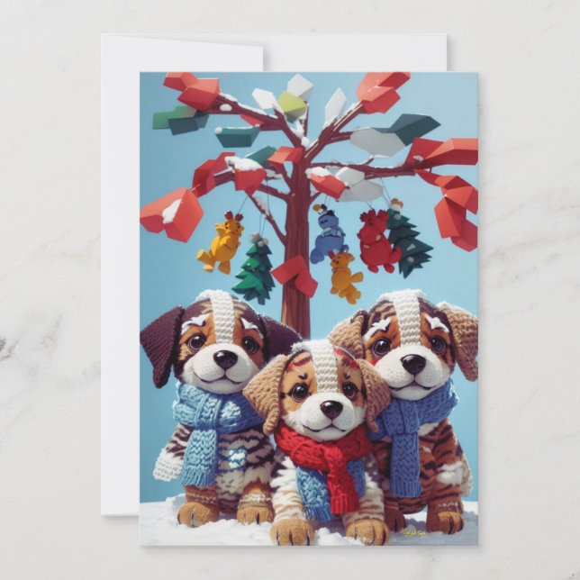 Three Cute Stuffed Puppy Dolls: Adorable Greeting  Holiday Card (Front)