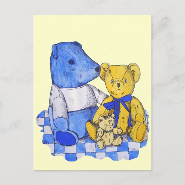 three cute teddies on picnic cloth for kids postcard (Front)