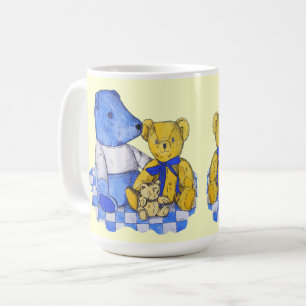 three cute teddies on picnic cloth original art coffee mug