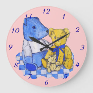 three cute teddies on picnic cloth original art large clock