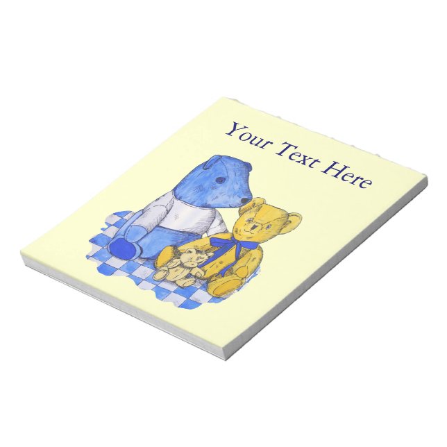 three cute teddies on picnic cloth original art notepad (Rotated)
