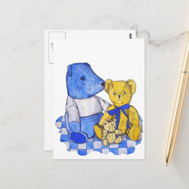 three cute teddies on picnic cloth original art postcard (Front/Back In Situ)