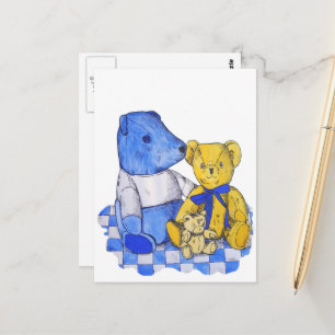 three cute teddies on picnic cloth original art postcard