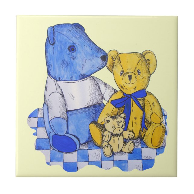 three cute teddies on picnic cloth original art tile (Front)
