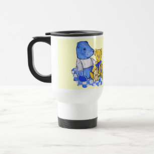 three cute teddies on picnic cloth original art travel mug