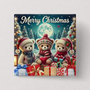 Three Cute Teddy Bears Merry Christmas 2 Inch Square Button