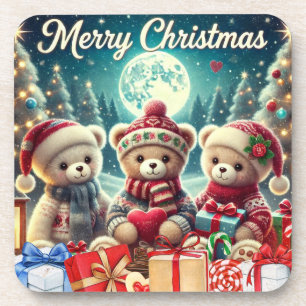 Three Cute Teddy Bears Merry Christmas  Coaster