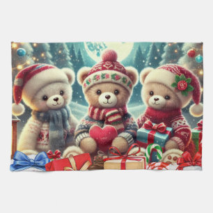 Three Cute Teddy Bears Merry Christmas Kitchen Towel