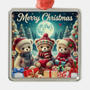 Three Cute Teddy Bears Merry Christmas  Metal Ornament