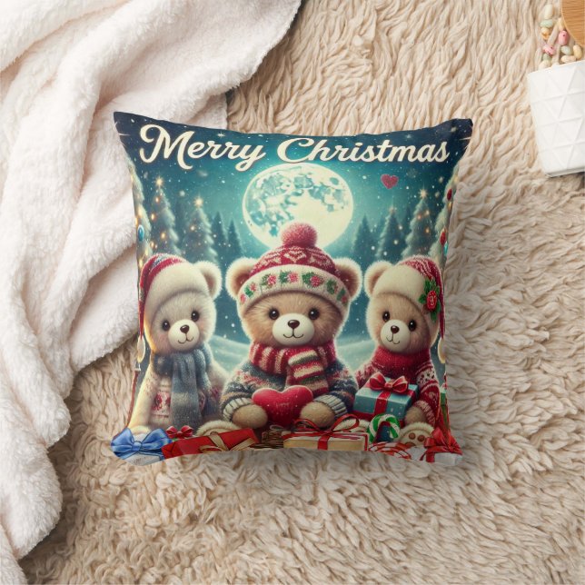 Three Cute Teddy Bears Merry Christmas Throw Pillow (Blanket)