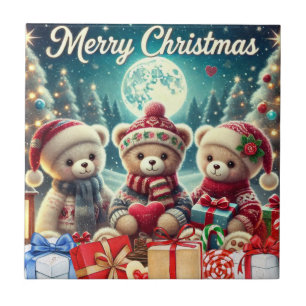 Three Cute Teddy Bears Merry Christmas Tile