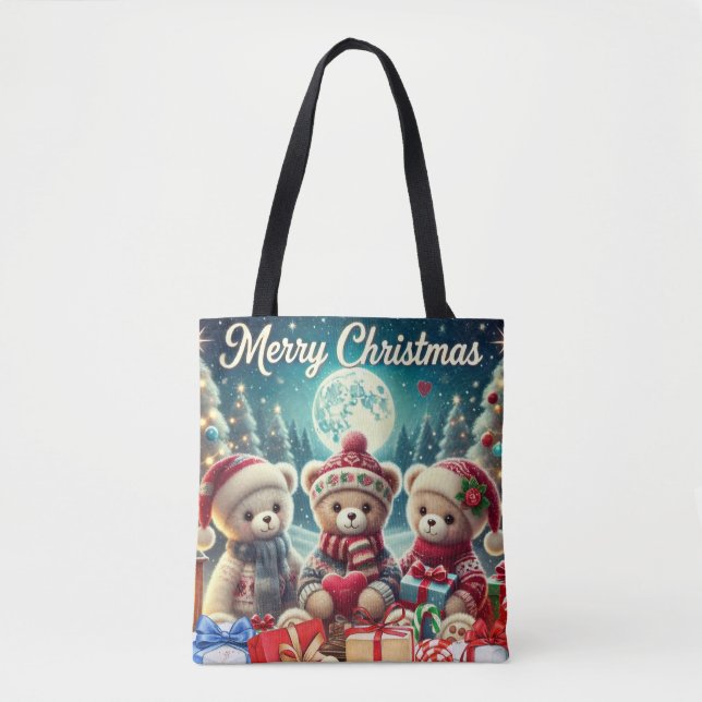 Three Cute Teddy Bears Merry Christmas Tote Bag (Front)