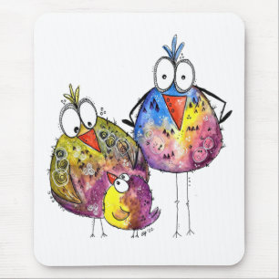 Three Cute Whimsical Colorful Birds Mouse Pad