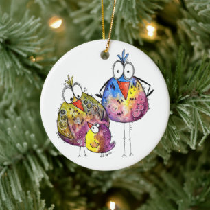 Three Cute Whimsical Colourful Birds Ceramic Ornament