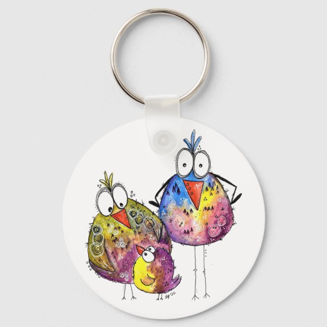 Three Cute Whimsical Colourful Birds Keychain (Front)