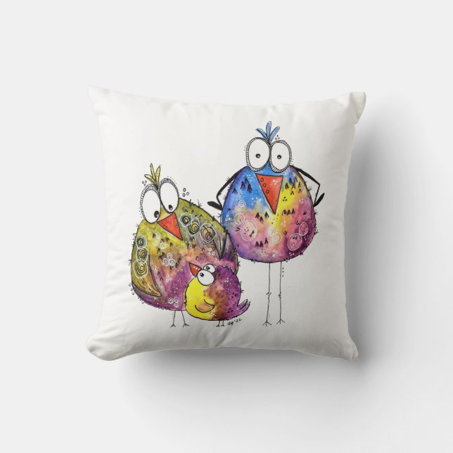 Three Cute Whimsical Colourful Birds Throw Pillow (Front)