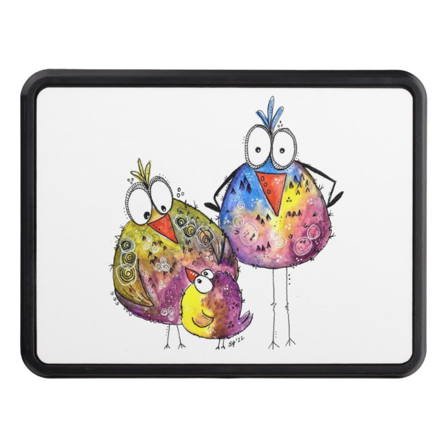 Three Cute Whimsical Colourful Birds Trailer Hitch Cover (Front)