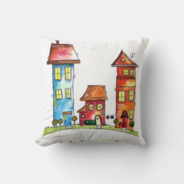Three Cute Whimsical Houses Throw Pillow (Front)