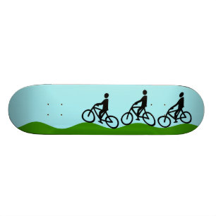 Three cyclists skateboard