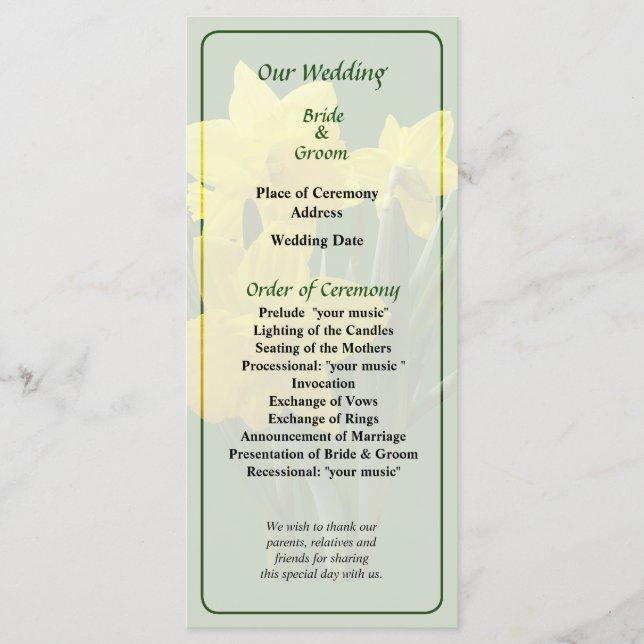 Three Daffodils Standing Guard Wedding Program (Front)