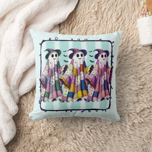 Three Dancing Ghosts in Witches Hats Throw Pillow (Blanket)