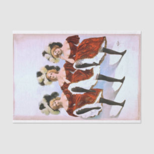 Three dancing women in red costumes and feathers tissue paper