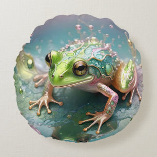 Three Dimensional Green Fractal Art Frog, Round Pillow