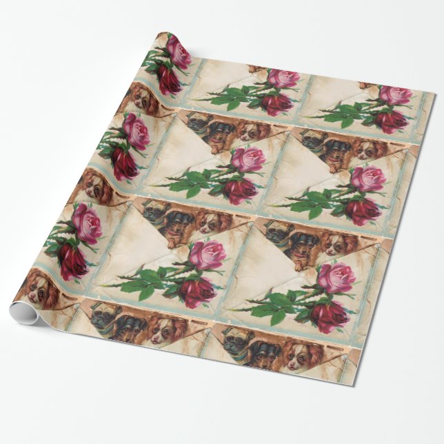 THREE DOGGIES AND ROSES WRAPPING PAPER (Unrolled)