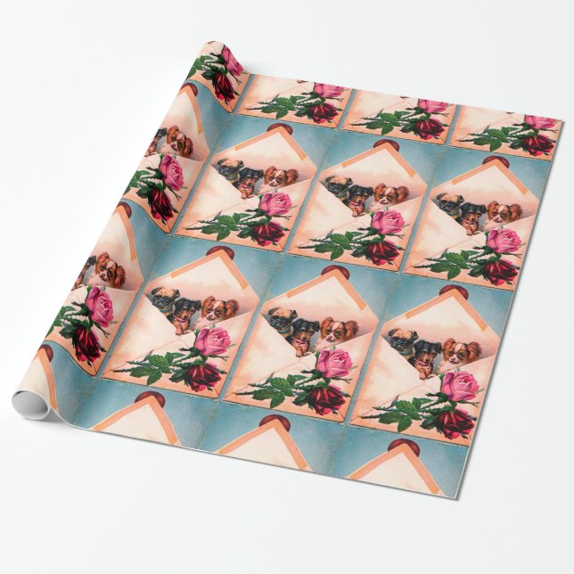 THREE DOGGIES ,ENVELOPES WITH ROSES WRAPPING PAPER (Unrolled)