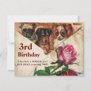 THREE DOGGIES WITH ROSES,3rd Birthday Parchment Invitation