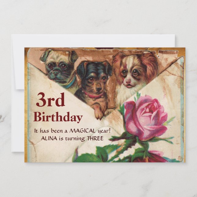 THREE DOGGIES WITH ROSES,3rd Birthday Parchment Invitation (Front)