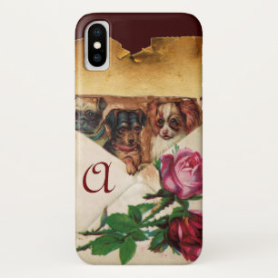 THREE DOGGIES WITH ROSES  MONOGRAM iPhone X CASE