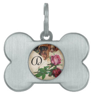THREE DOGGIES WITH ROSES MONOGRAM PET ID TAG