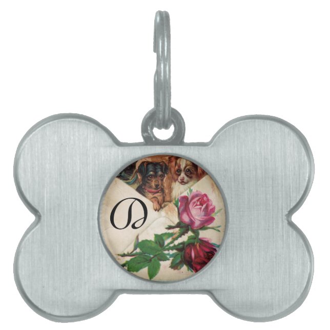 THREE DOGGIES WITH ROSES  MONOGRAM PET ID TAG (Front)