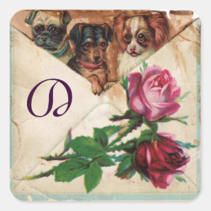 THREE DOGGIES WITH ROSES  MONOGRAM SQUARE STICKER