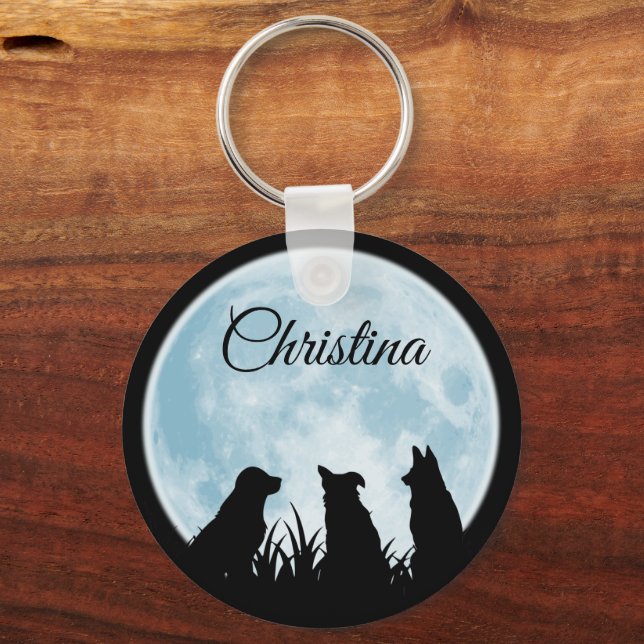 Three Dogs at Night Custom Text Keychain (Front)