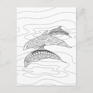 Three Dolphins Adult Colouring Postcard