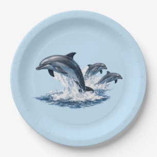 Three Dolphins Jumping, Ocean Life Hat Design Paper Plate