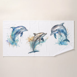 three dolphins jumping out of the water bath towel set