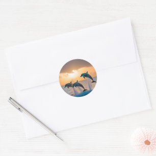Three Dolphins Leaping At Sunset, Classic Round Sticker
