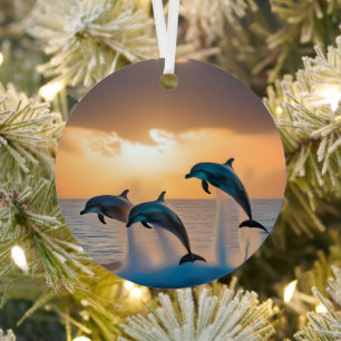 Three Dolphins Leaping At Sunset, Metal Ornament