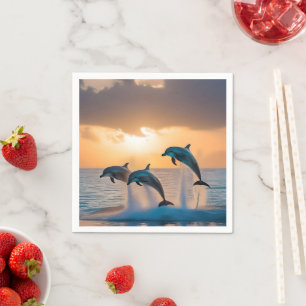 Three Dolphins Leaping At Sunset, Napkin
