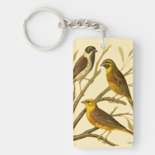 Three Domestic Birds Perched on a Branch Keychain