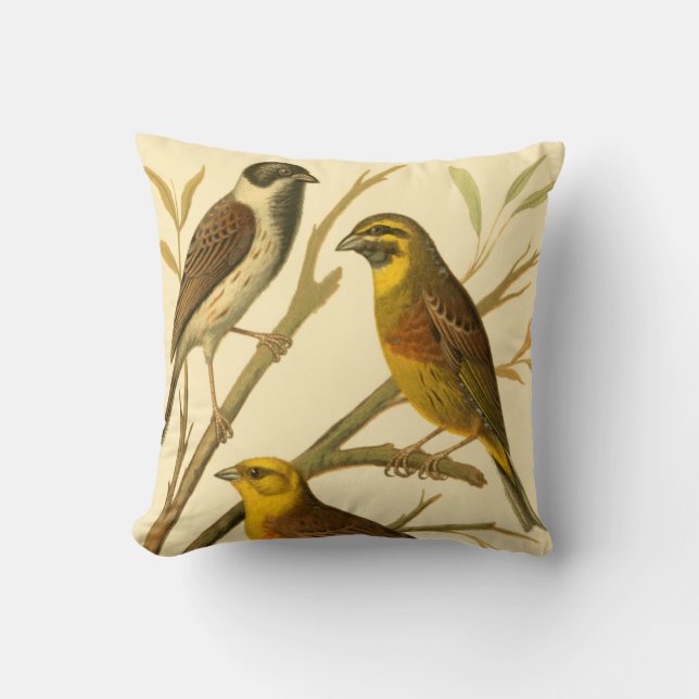 Three Domestic Birds Perched on a Branch Throw Pillow (Front)