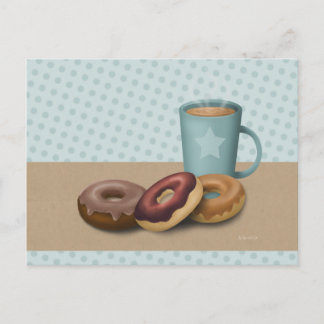 Three doughnuts and a coffee post card