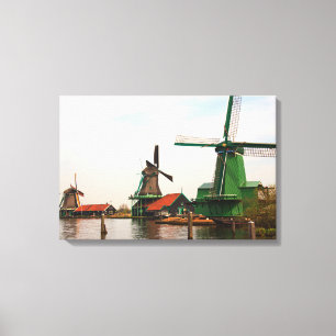 Three Dutch Windmills Reflected in Water on Canvas Print