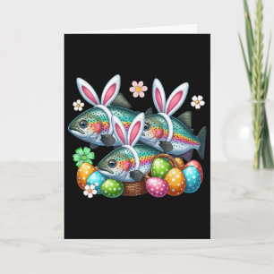 Three Easter Bunny Trout Fishes Hunting Eggs Sket Card
